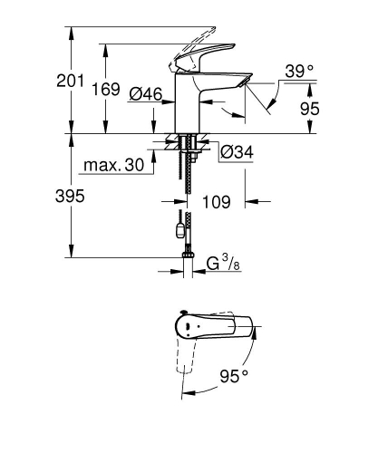 Grohe Eurosmart egykaros mosdócsaptelep S-es méret besüllyeszthető lánccal Cold Startos, króm 23372003