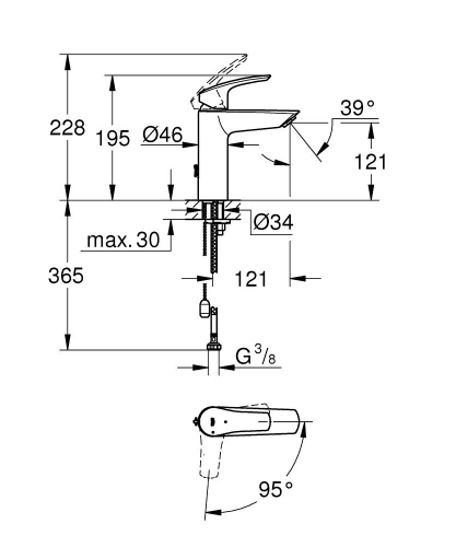 Grohe Eurosmart egykaros mosdócsaptelep M-es méret besüllyeszthető lánccal Cold Startos, króm 2339430E