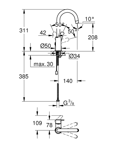 Grohe Eurosmart egykaros mosdócsaptelep L-es méret besüllyeszthető lánccal, króm 23743003