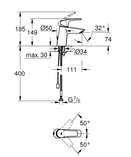 Grohe Eurosmart egykaros mosdócsaptelep S-es méret besüllyeszthető lánccal, króm 23966003