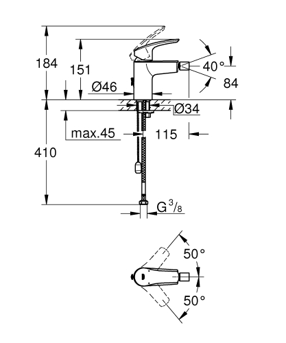 Grohe Eurosmart egykaros bidécsaptelep S-es méret besüllyeszthető lánccal, króm 32927003