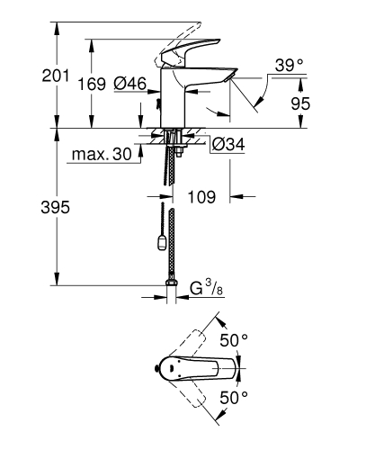 Grohe Eurosmart egykaros mosdócsaptelep S-es méret besüllyeszthető lánccal, króm 33188003