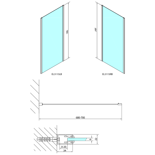 Sapho POLYSAN EASY LINE BLACK BLACK 70 cm oldalfal transzparent üveggel, matt fekete EL3115B