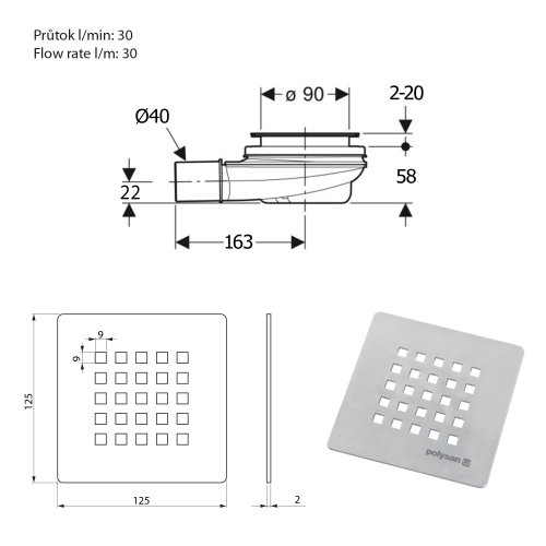 Sapho POLYSAN TRENECA zuhanytálca szifon ráccsal, inox 84999