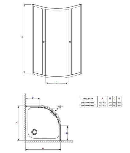 Radaway Projecta A 90x90 cm íves zuhanykabin átlátszó üveggel, króm 34200-01-01M