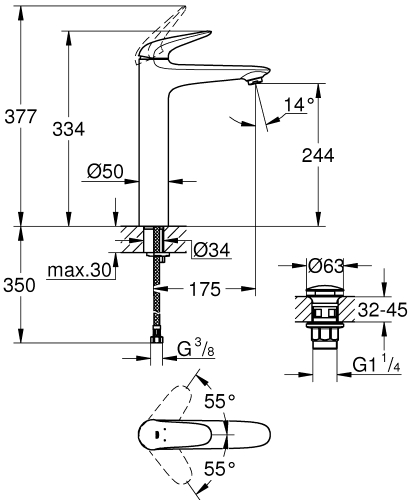 Grohe Wave egykaros mosdócsaptelep XL-es méret klikk-klakkos leeresztővel, króm 23585001