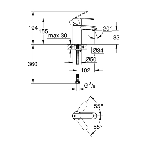 Grohe Wave egykaros mosdócsaptelep S-es méret leeresztő nélkül, króm 23225000