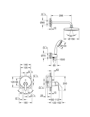 Grohe Get falsík alatti zuhanyrendszer szett Vitalio Start 210 fejzuhannyal, króm 25220001