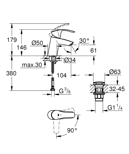 Grohe Eurosmart egykaros mosdócsaptelep S-es méret Cold Start-os, klikk-klakkos leeresztővel, króm 23924002