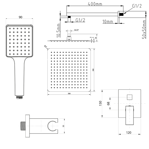 Sapho CUBEMIX 2-irányú falba süllyesztett zuhanycsaptelep szett, matt fekete CM042B-01