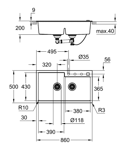 Grohe K500 kompozit mosogatótálca, gránit fekete 31649AP0