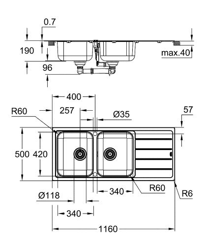 Grohe K500 rozsdamentes acél mosogatótálca, csepegtetővel 31588SD1