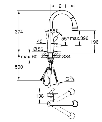 Grohe Parkfield egykaros mosogatócsap kihúzható kétfunkciós zuhanyfejjel, króm 30215001