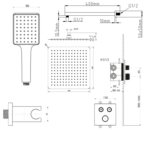 Sapho SMARTSELECT 2-irányú falba süllyesztett zuhanycsaptelep szett, matt fekete RP042B-01