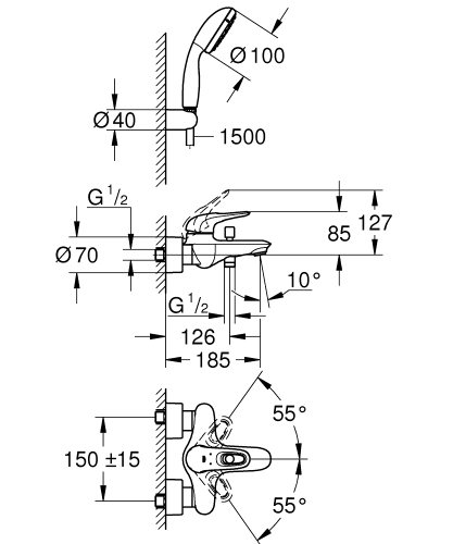 Grohe Eurostyle egykaros kádcsaptelep zuhanyszettel, króm 3359230A