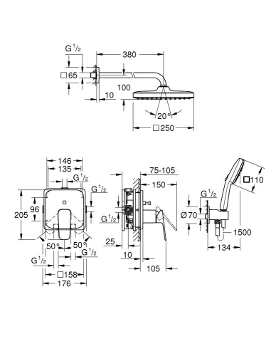 Grohe Cubeo rejtett zuhanyrendszer Tempesta 250 fejzuhannyal, króm 1053360000