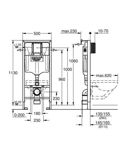 Grohe Rapid SL WC-tartály, szerelőkeret (falsík mögötti), 1.13 m beépítési magasság 38539001