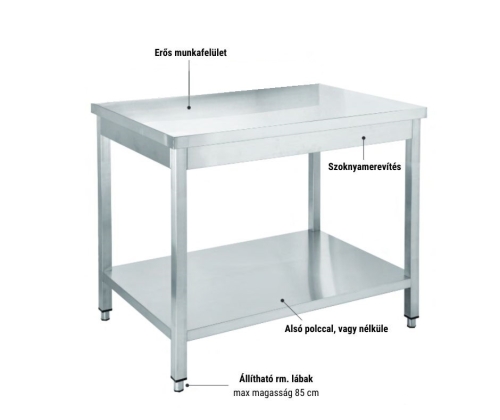 Munkaasztal polccal 120x60 cm, rozsdamentes SMA12060