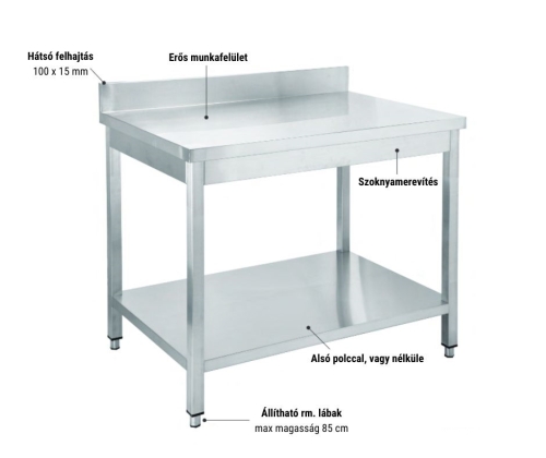 Munkaasztal hátsó felhajtással 100x60 cm, rozsdamentes SMA10060FEL