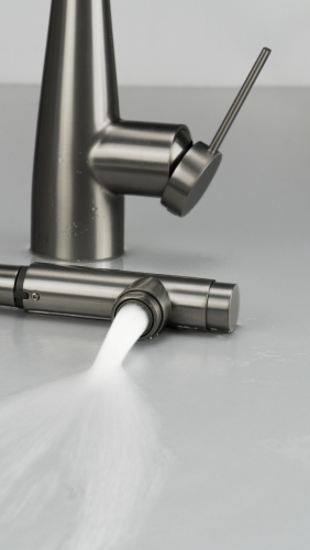 Deante ERIDAN kihúzható kifolyós konyhai csaptelep vízszűrő csatlakozóval, titanium BRE_D75M