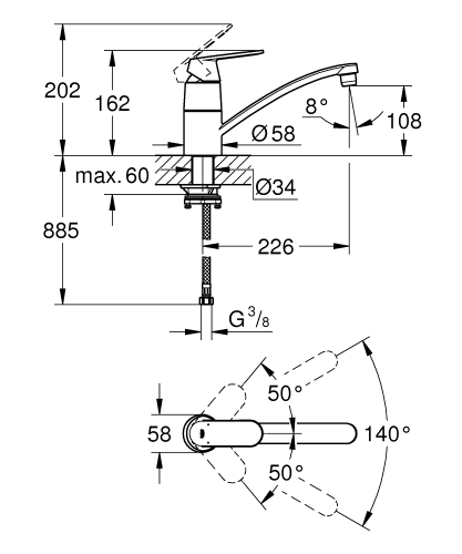 Grohe Eurosmart Cosmopolitan egykaros mosogatócsap ablak elé szereléshez, króm 31170000