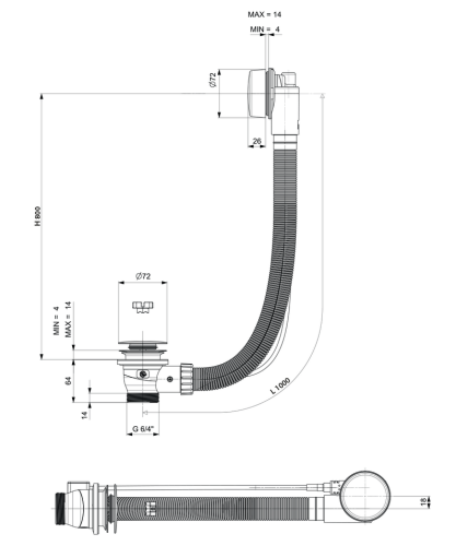 Sapho POLYSAN kád le- és túlfolyó, bovdenes, 1000mm, átm.:72mm, króm 71854