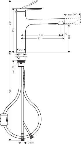 Hansgrohe Zesis M33 egykaros konyhai csaptelep 160 kihúzható kifolyóval 2 jet, rozsdamentes acél 74801800