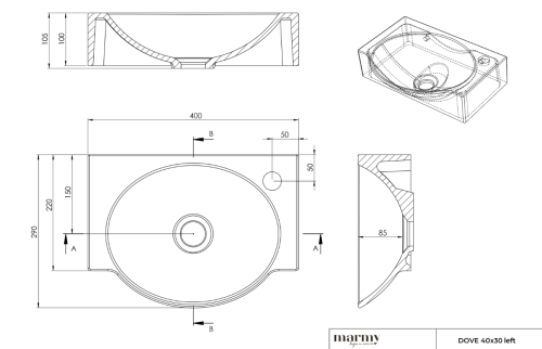MARMY DOVE 40x30 balos öntött márvány mosdó, fényes fehér 30 1010 04 31 10