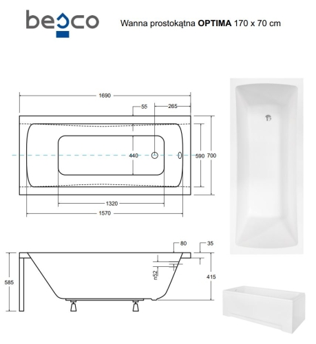 Besco OPTIMA PREMIUM 170x70 cm egyenes kád fejpárnával és kapaszkodóval, fehér WAO-170-PKP