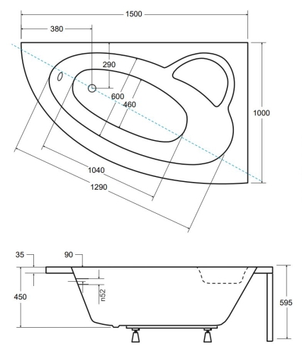 Besco NATALIA PREMIUM 150x100 cm jobbos aszimmetrikus kád fejpárnával és kapaszkodóval, fehér WAN-150-NPS