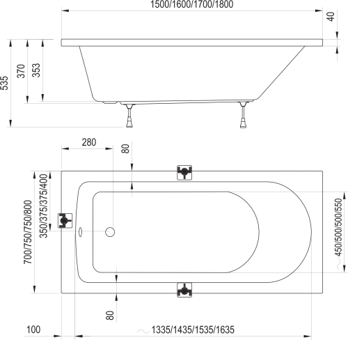 Ravak Flow 170x75 cm egyenes kád, fehér XC00100115