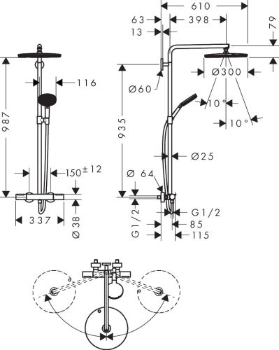 Hansgrohe Raindance Alive S Puro Showerpipe Ecostat Element 300 1jet termosztátos zuhanyrendszer, szálcsiszolt bronz 24592140
