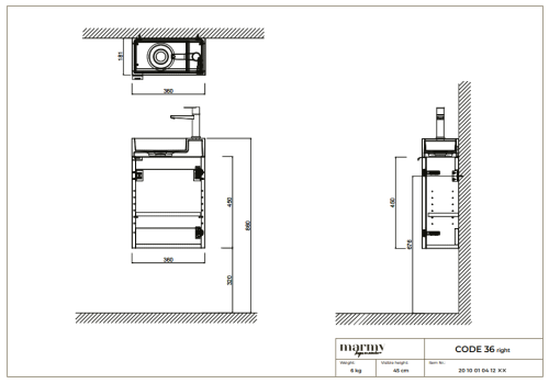 Marmy CODE 36x18x45 JOBBOS függ. alsószekrény, 1 ajtó, laminált (mosdó nélkül) Light Taupe 20 10 01 04 12 75