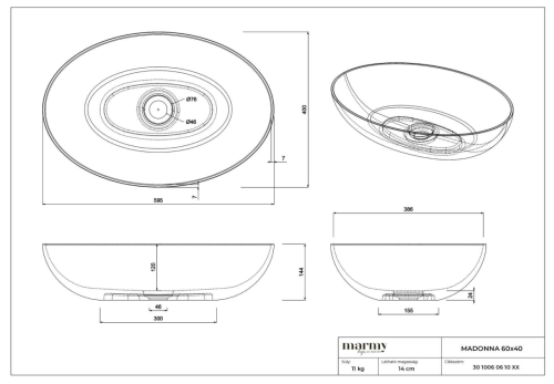 MARMY MADONNA 60x40 öntött márvány mosdó, FÉNYES FEHÉR 30 1006 06 10 10