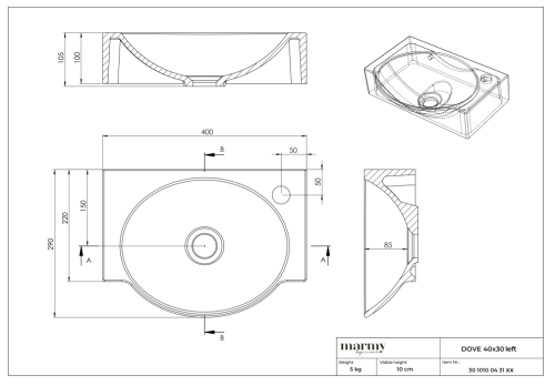 MARMY DOVE 40x30 jobbos mosdó, MATT FEHÉR 30 1010 04 21 11