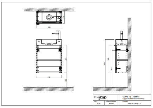 Marmy CODE 46x22x50 JOBBOS függ. alsószekrény, 1 ajtó, laminált (mosdó nélkül) Brown Oak 20 11 01 05 12 86