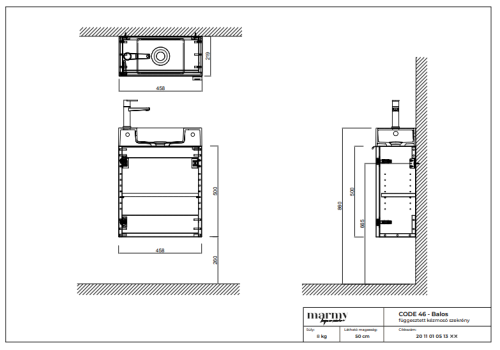 Marmy CODE 46x22x50 BALOS függ. alsószekrény, 1 ajtó, laminált (mosdó nélkül) Honey Oak 20 11 01 05 13 85