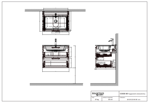 Marmy CODE 60x46x50 függesztett alsószekrény, 2 fiók, laminált (mosdó nélkül) Brown Oak 20 20 22 06 00 86