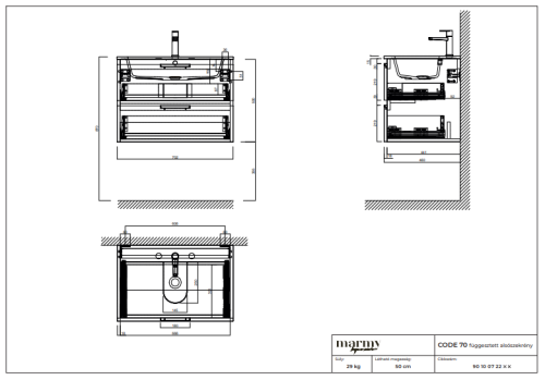 Marmy CODE 70x46x50 függesztett alsószekrény, 2 fiók, laminált (mosdó nélkül) Honey Oak 20 20 22 07 00 85