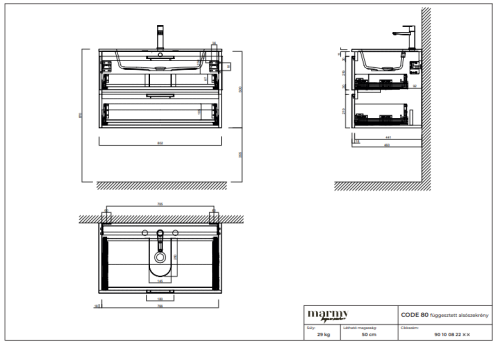 Marmy CODE 80x46x50 fügesztett alsószekrény, 2 fiók, laminált (mosdó nélkül) Dark Taupe 20 20 22 08 00 74