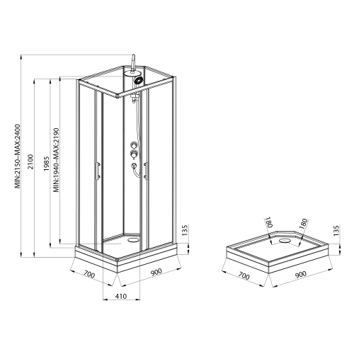 Sapho AQUALINE GRANVIK 70x90 cm hátfalas zuhanykabin transzparent üveg, fekete/króm GG70X90