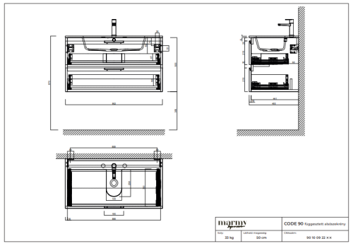 Marmy CODE 90x46x50 függesztett alsószekrény, 2 fiók, laminált (mosdó nélkül) Dark Taupe 20 20 22 09 00 74