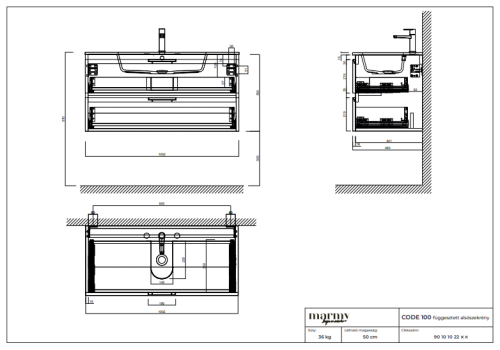 Marmy CODE 100x46x50 függesztett alsószekrény, 2 fiók, laminált (mosdó nélkül) Light Taupe 20 20 22 10 00 75
