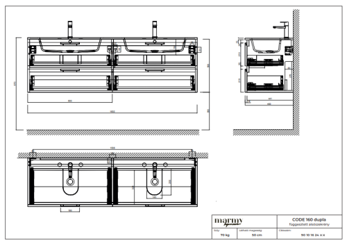 Marmy CODE 160x46x50 DUPLA függesztett alsószekrény, 4 fiók, laminált (mosdó nélkül) Honey Oak 20 40 24 16 00 85