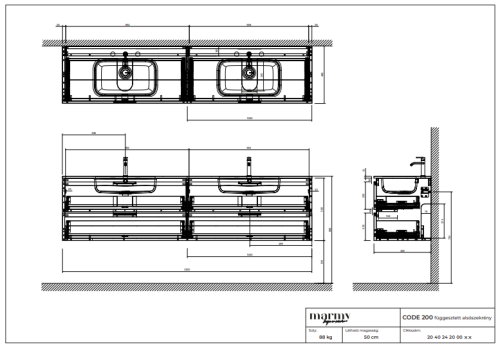 Marmy CODE 200x46x50 DUPLA függesztett alsószekrény, 4 fiók, laminált (mosdó nélkül) Dark Taupe 20 40 24 20 00 74