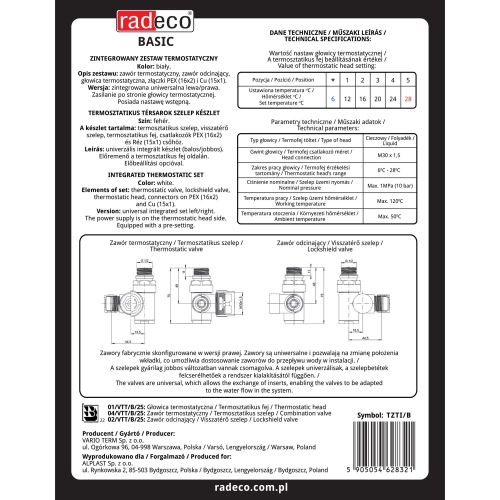 Radeco Basic univerzális térsarok szelep, fűtőpatronhoz fehér TZTI/B