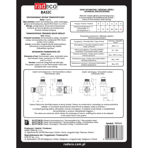 Radeco Basic univerzális térsarok szelep, fűtőpatronhoz fekete TZTI/C