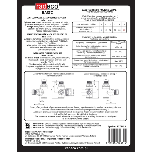 Radeco Basic univerzális térsarok szelep, fűtőpatronhoz króm TZTI/CR