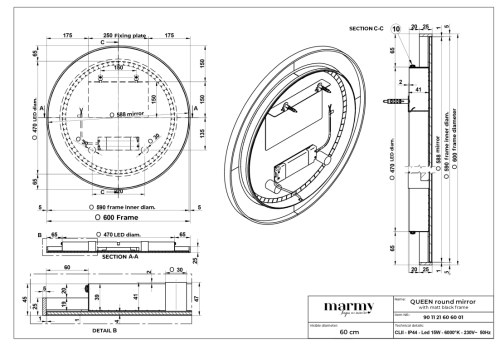 Marmy QUEEN fekete keretes tükör 60 cm-es (LED 6000k, körbe hangulatvilágítás) 90 11 21 60 60 01