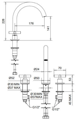 Bugnatese RODOS 3 üléses mosdócsaptelep klikk-klakk leeresztővel, matt fekete 7312SCNE
